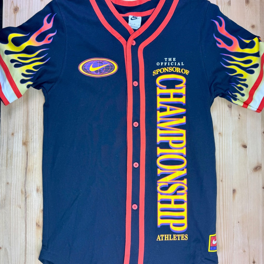 Nike Flame Baseball Jersey Shirt Size M Vintage Style Y2K Graphic Champions